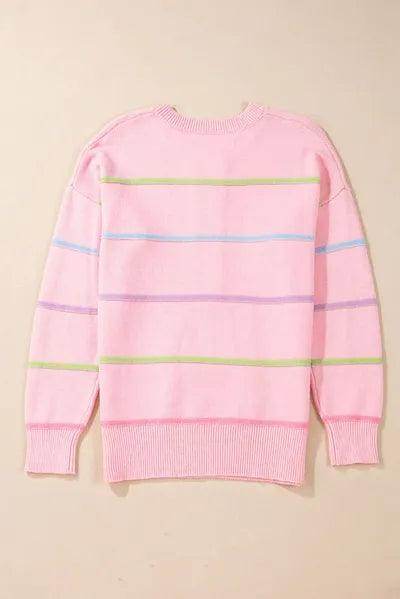 Contrast Striped Half Button Round Neck Sweater for Women - Selvanelle