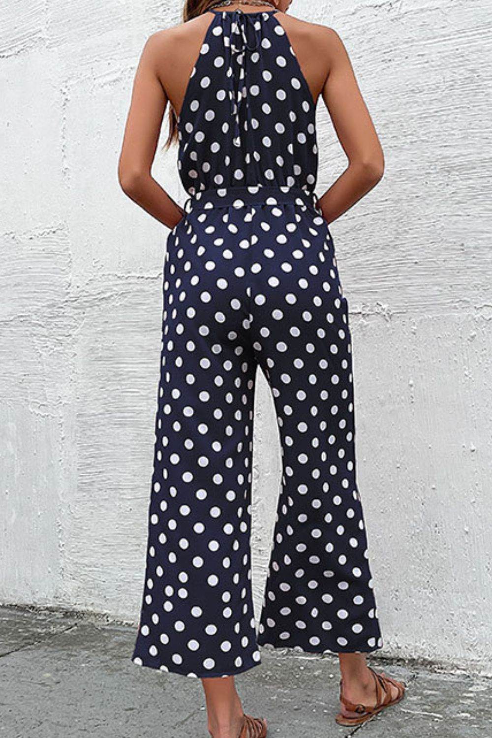 Perfee Polka Dot Grecian Wide Leg Jumpsuit - Selvanelle