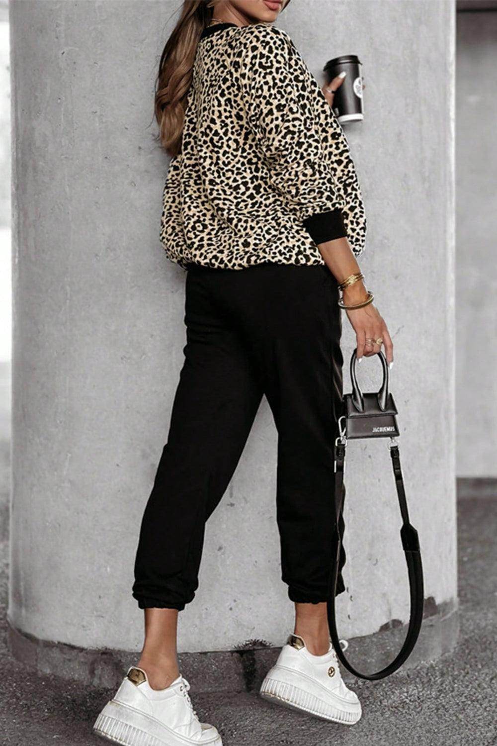 Letter M Leopard Round Neck Top and Pants Set for Women - Selvanelle