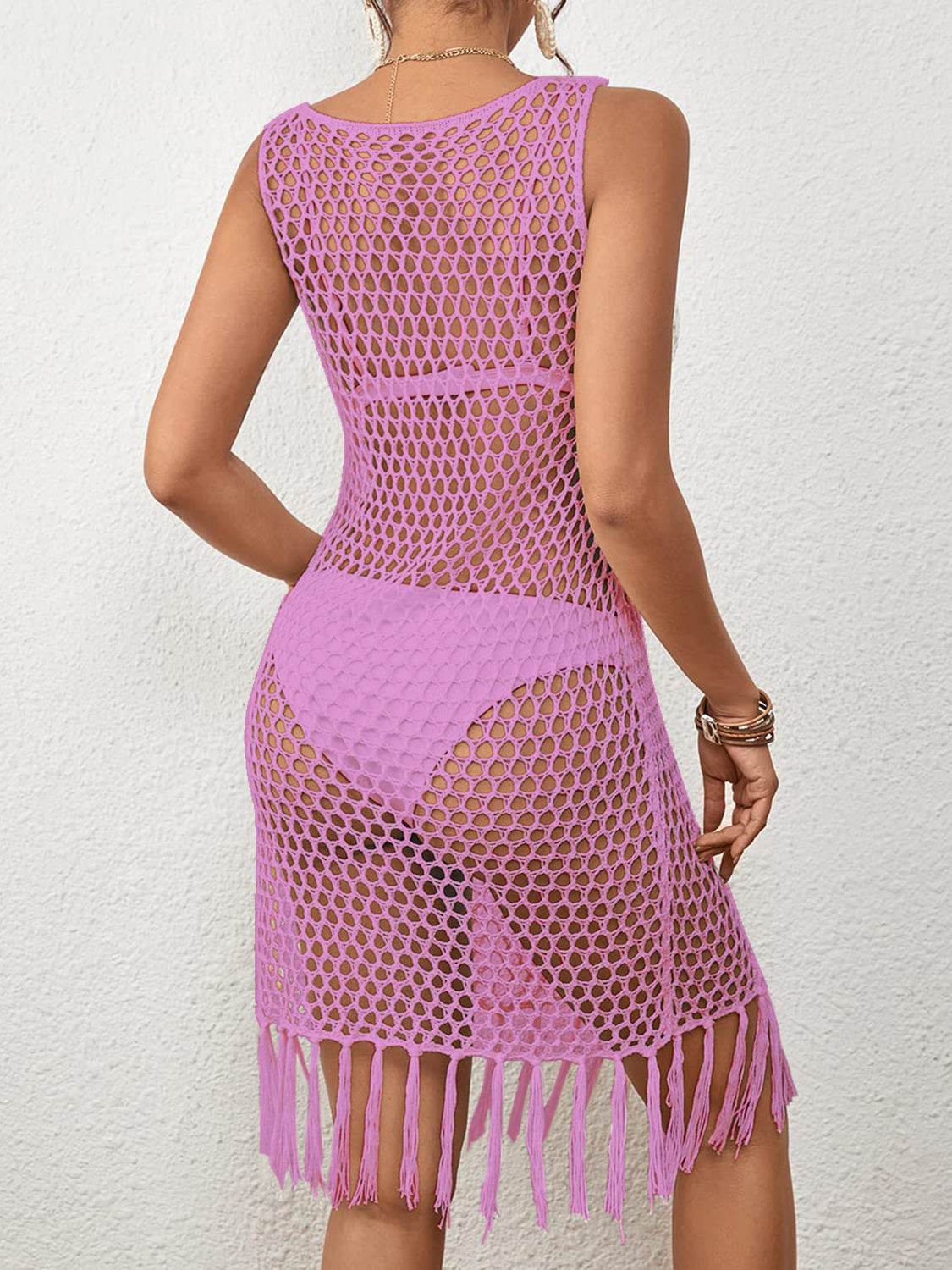 Tassel Hem Hollow Out Sleeveless Cover Up - Selvanelle
