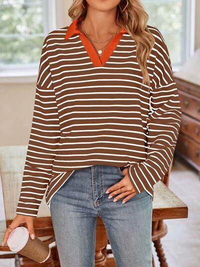 Lovelet Striped Johnny Collar Long Sleeve T-Shirt for Women - Selvanelle