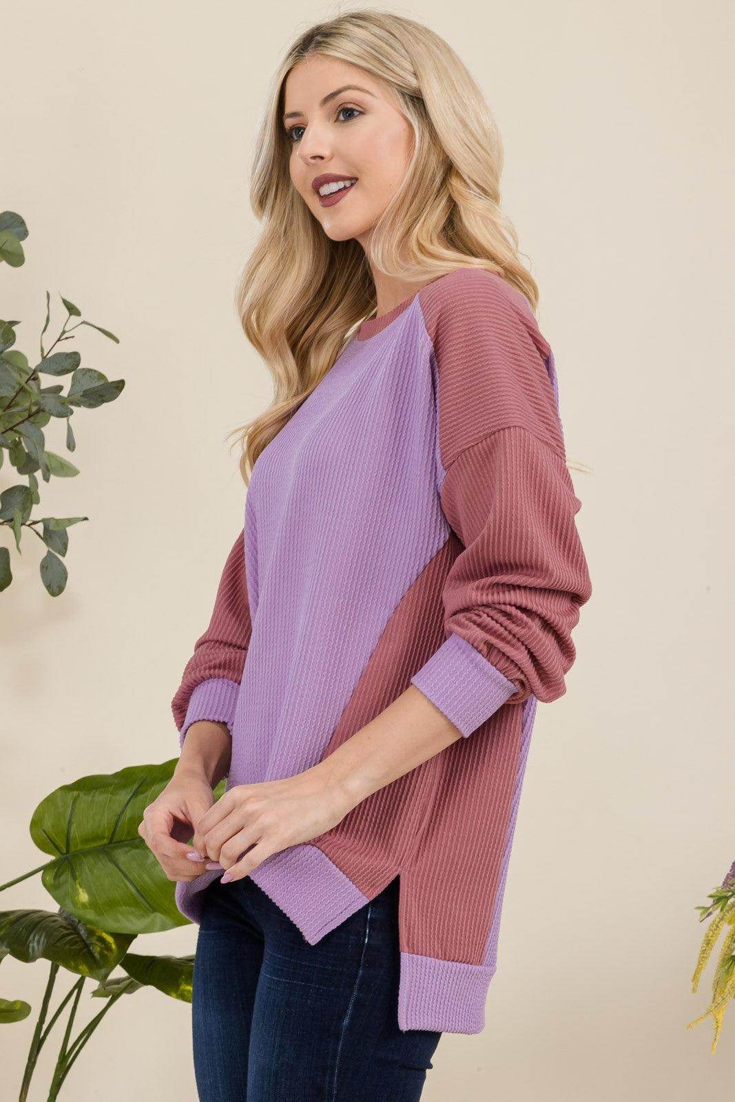 Celeste Full Size High-Low Contrast Round Neck Sweatshirt - Selvanelle