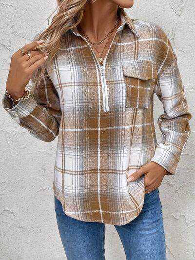 Plaid Collared Neck Half Zip Long Sleeve Top for Women - Selvanelle