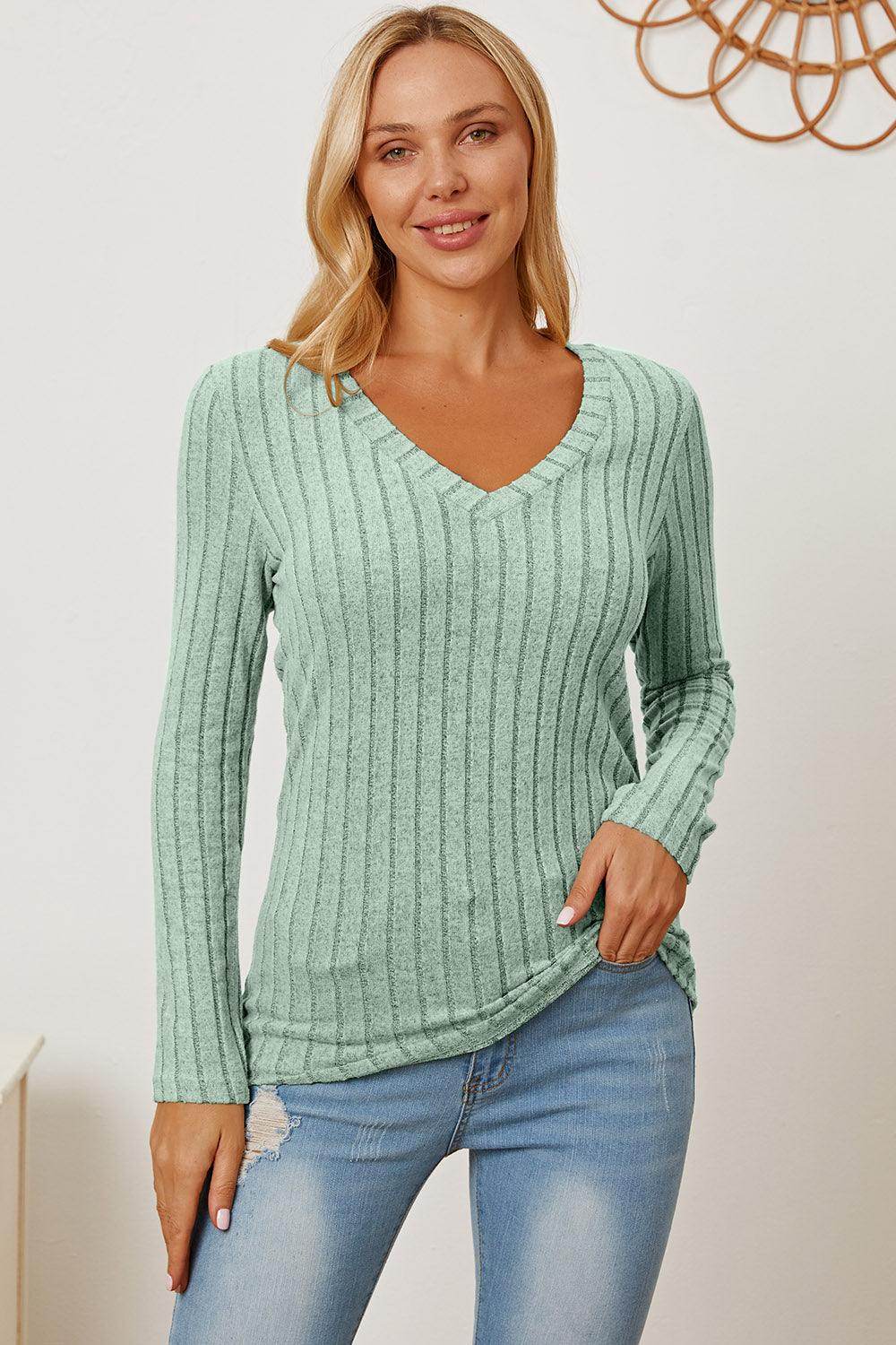 Basic Bae Full Size Ribbed V-Neck Long Sleeve T-Shirt - Selvanelle