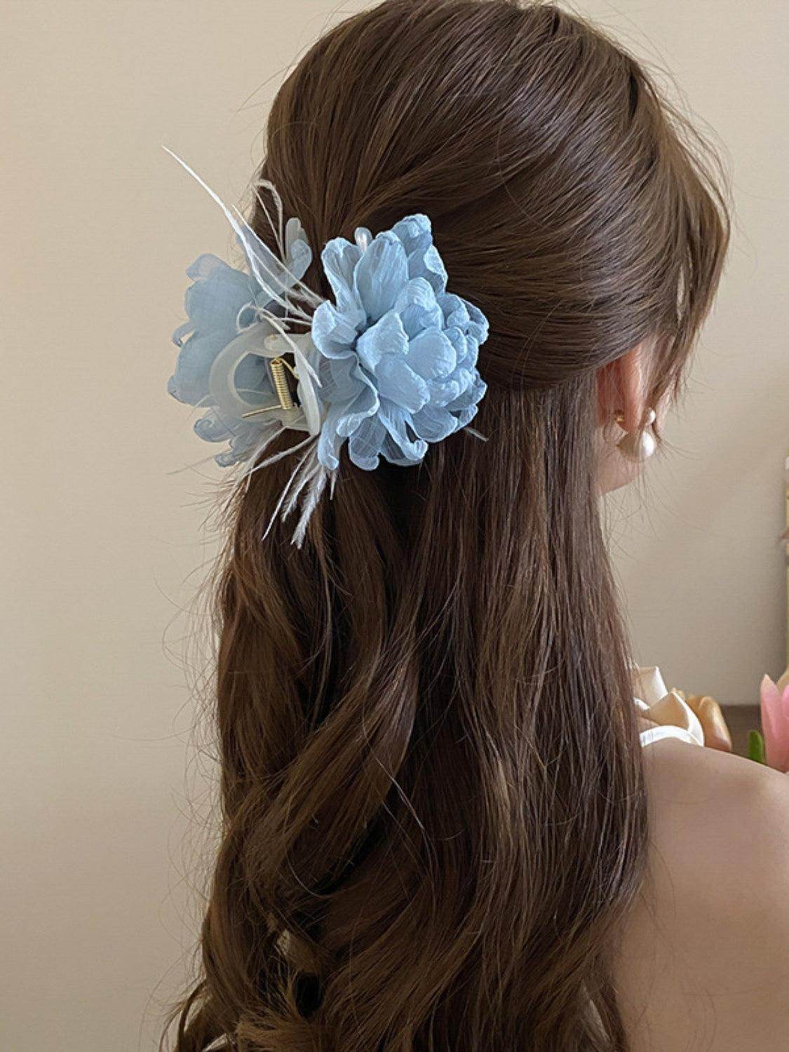 Feather Trim Flower Shape Hair Claw Clip for Elegant Style - Selvanelle