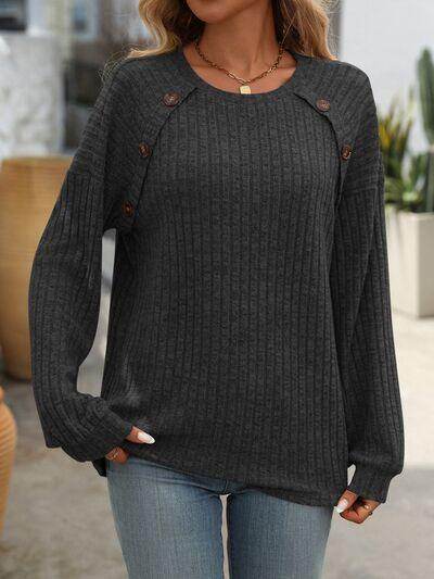 Mandy Decor Button Long Sleeve Ribbed T-Shirt for Women - Selvanelle