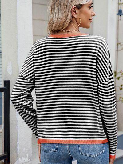 Striped Contrast Round Neck Long Sleeve Sweater for Women - Selvanelle