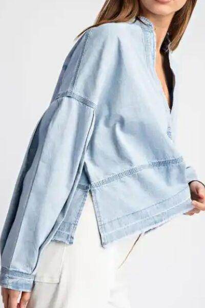 Slit Raw Hem Notched Denim Top for Chic Everyday Style - Selvanelle