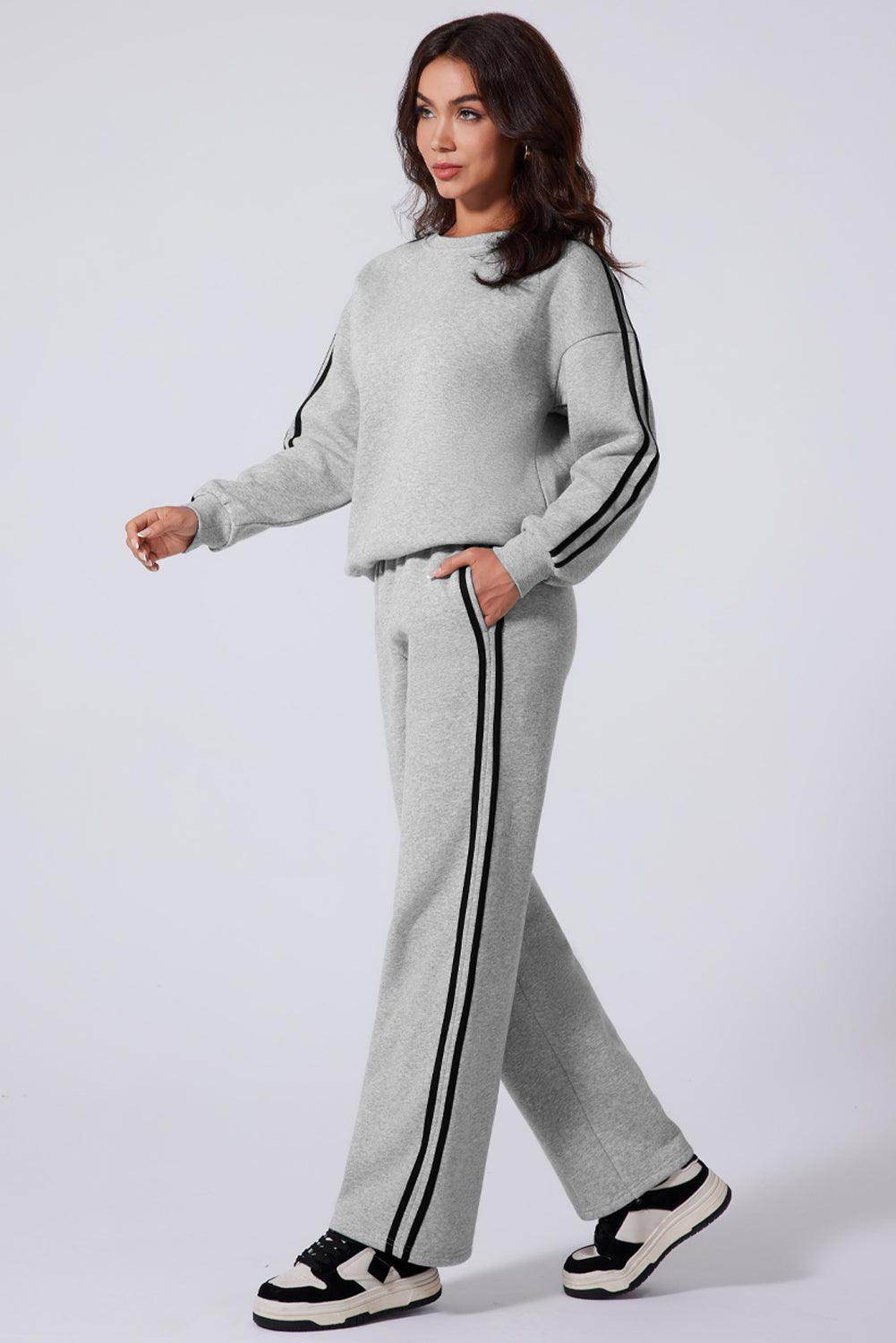 Side Striped Round Neck Top and Pants Active Set for Women - Selvanelle