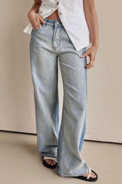 Contrast Straight Leg Jeans with Pockets for Women - Selvanelle