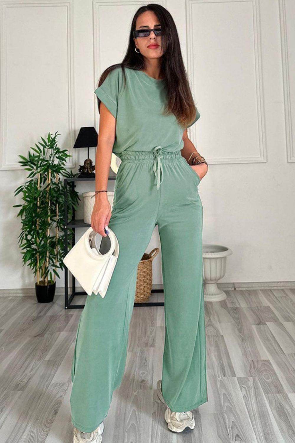 Round Neck Short Sleeve Top and Drawstring Pants Set for Women - Selvanelle