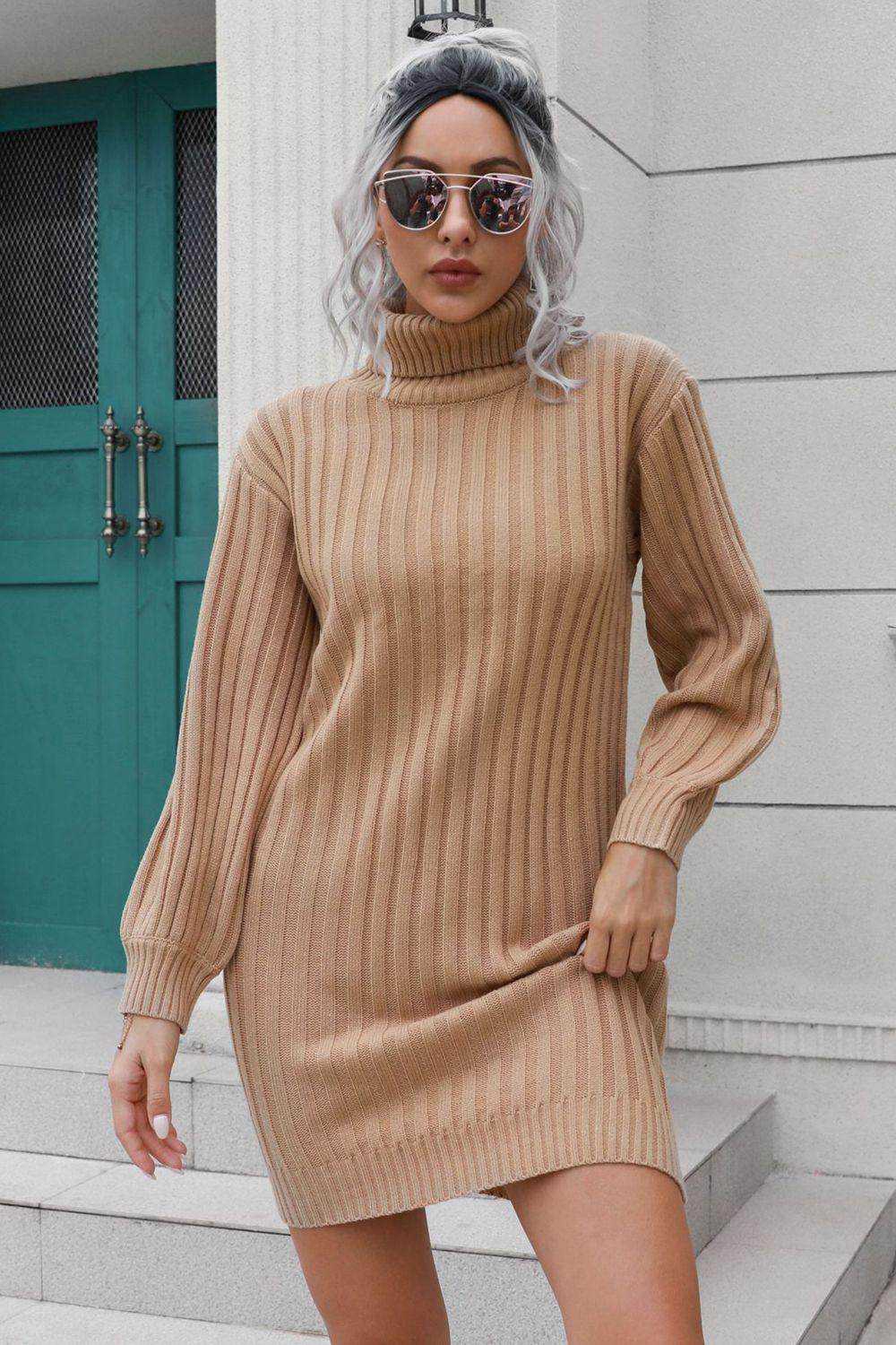 Ribbed Turtle Neck Long Sleeve Mini Sweater Dress for Women - Selvanelle
