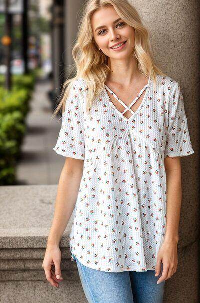 Heimish Full Size Crisscross Ditsy Floral Babydoll Top Plus Size - Selvanelle