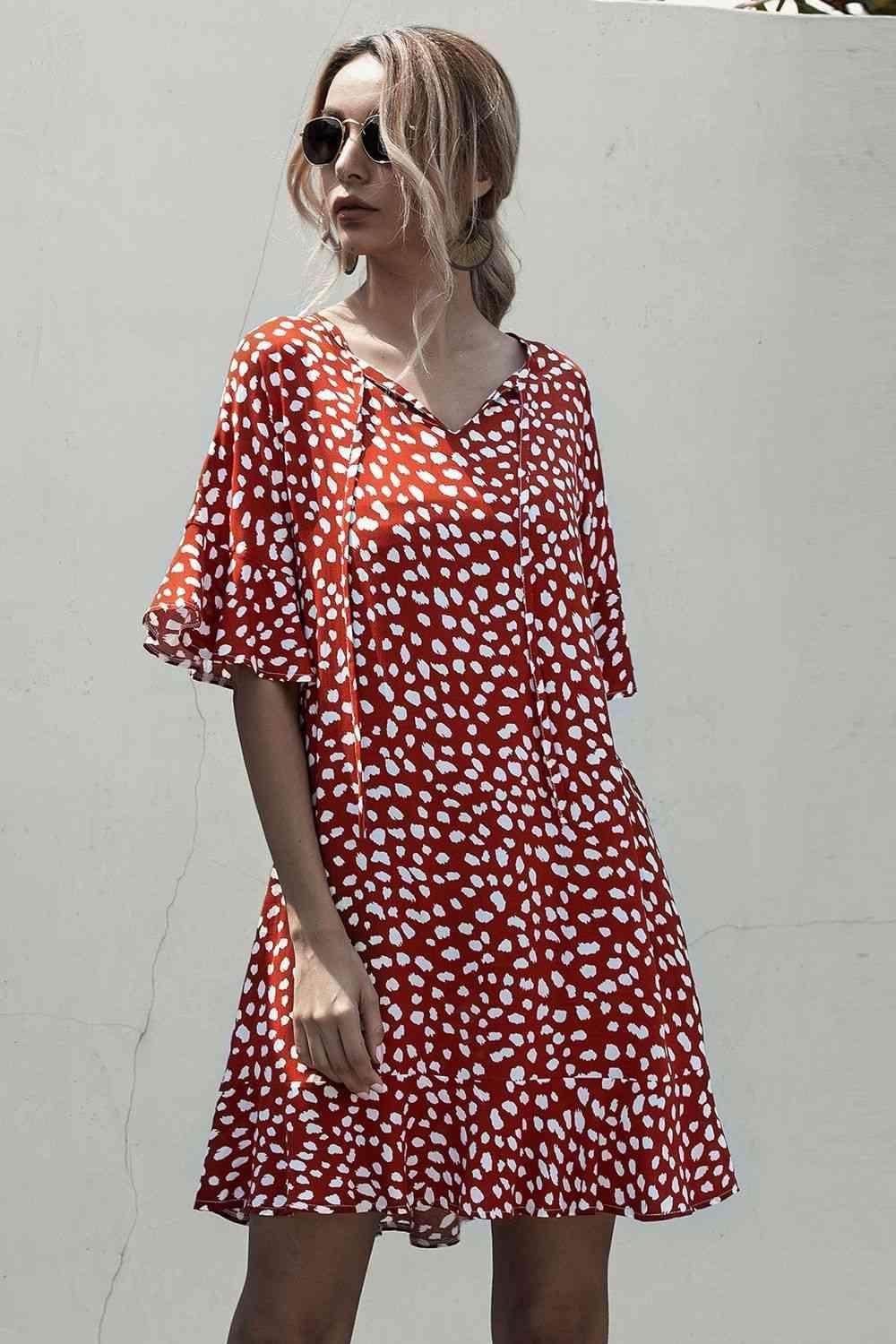 Tie Neck Flounce Sleeve Printed Mini Dress for Women - Selvanelle