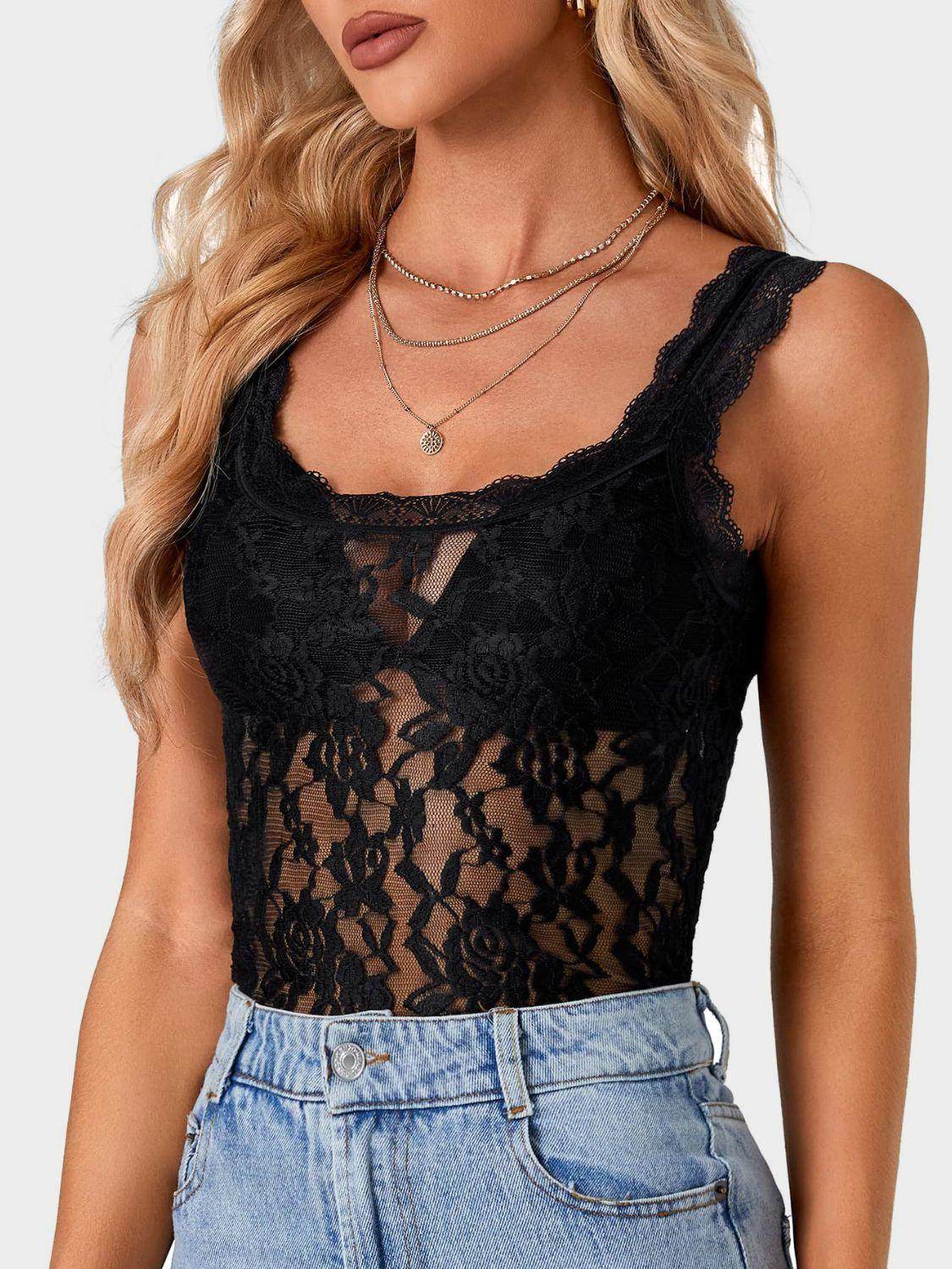 Lace Scoop Neck Tank for Women in Sheer Stretch Fabric - Selvanelle
