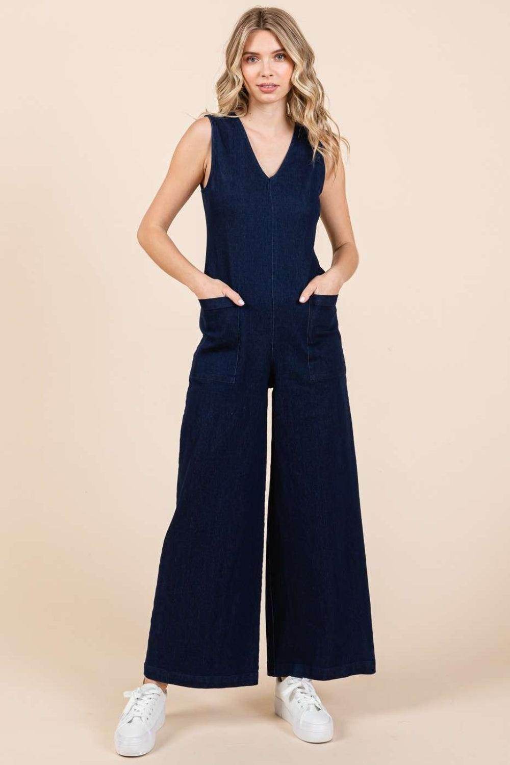 Mittoshop Sleeveless Wide Leg Denim Jumpsuit for Women - Selvanelle