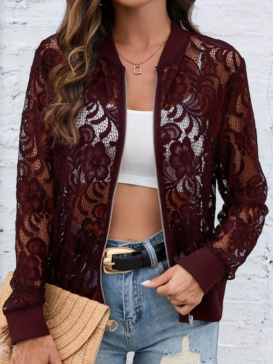Sheer Lace Zip Up Long Sleeve Jacket for Women Fashion - Selvanelle