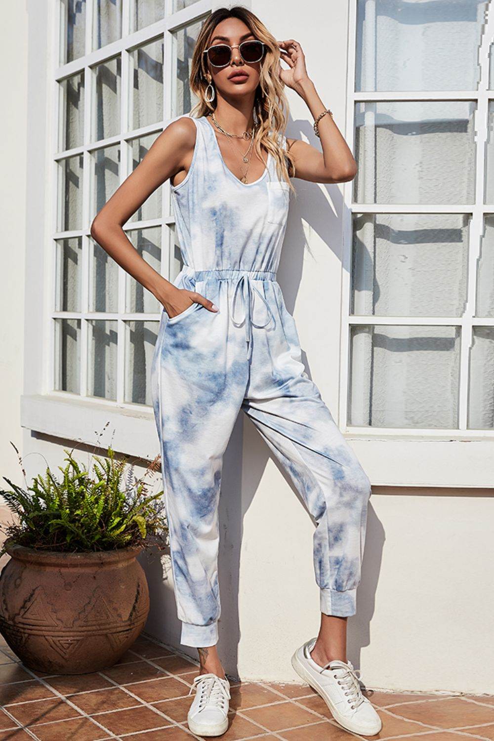 Shiny Tie-Dye Sleeveless Jumpsuit with Pockets - Selvanelle