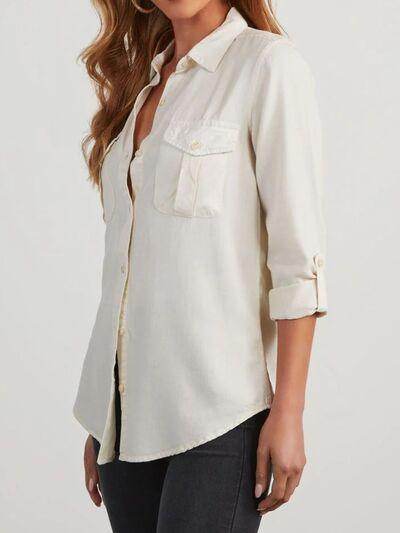 Collared Neck Roll-Tab Sleeve Denim Top for Women - Selvanelle