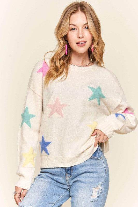 ADORA Stars Pattern Round Neck Drop Shoulder Sweater for Women - Selvanelle