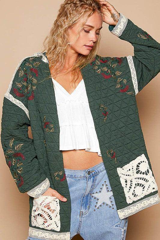 POL Embroidered Open Front Quilted Jacket with Crochet Pockets - Selvanelle