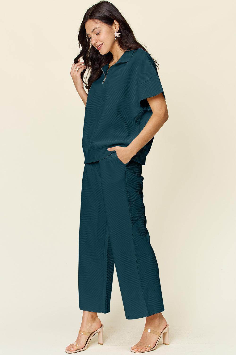 Double Take Full Size Texture Half Zip Short Sleeve Top Set - Selvanelle