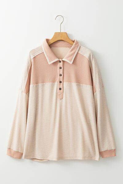 Waffle-Knit Color Block Half Button Long Sleeve Top for Women - Selvanelle