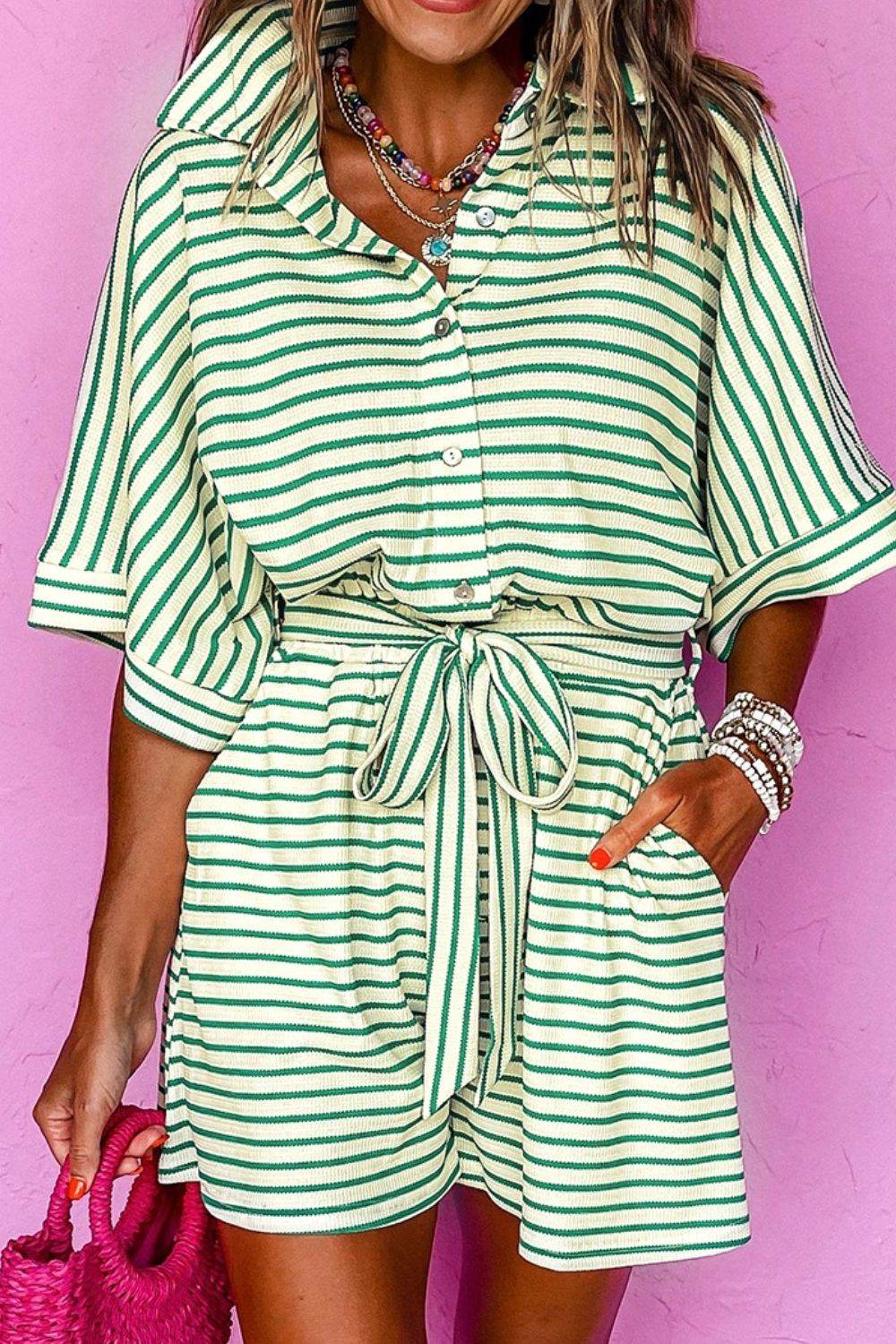 Striped Half Sleeve Tie Waist Romper - Selvanelle