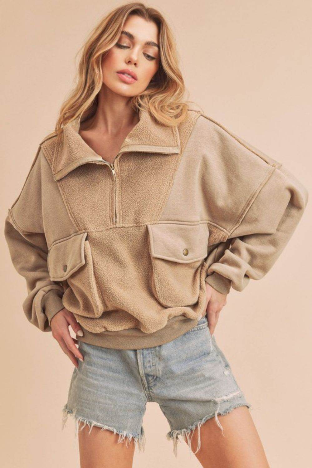 Aemi + Co Exposed Seam Half Zip Sweatshirt with Pockets - Selvanelle