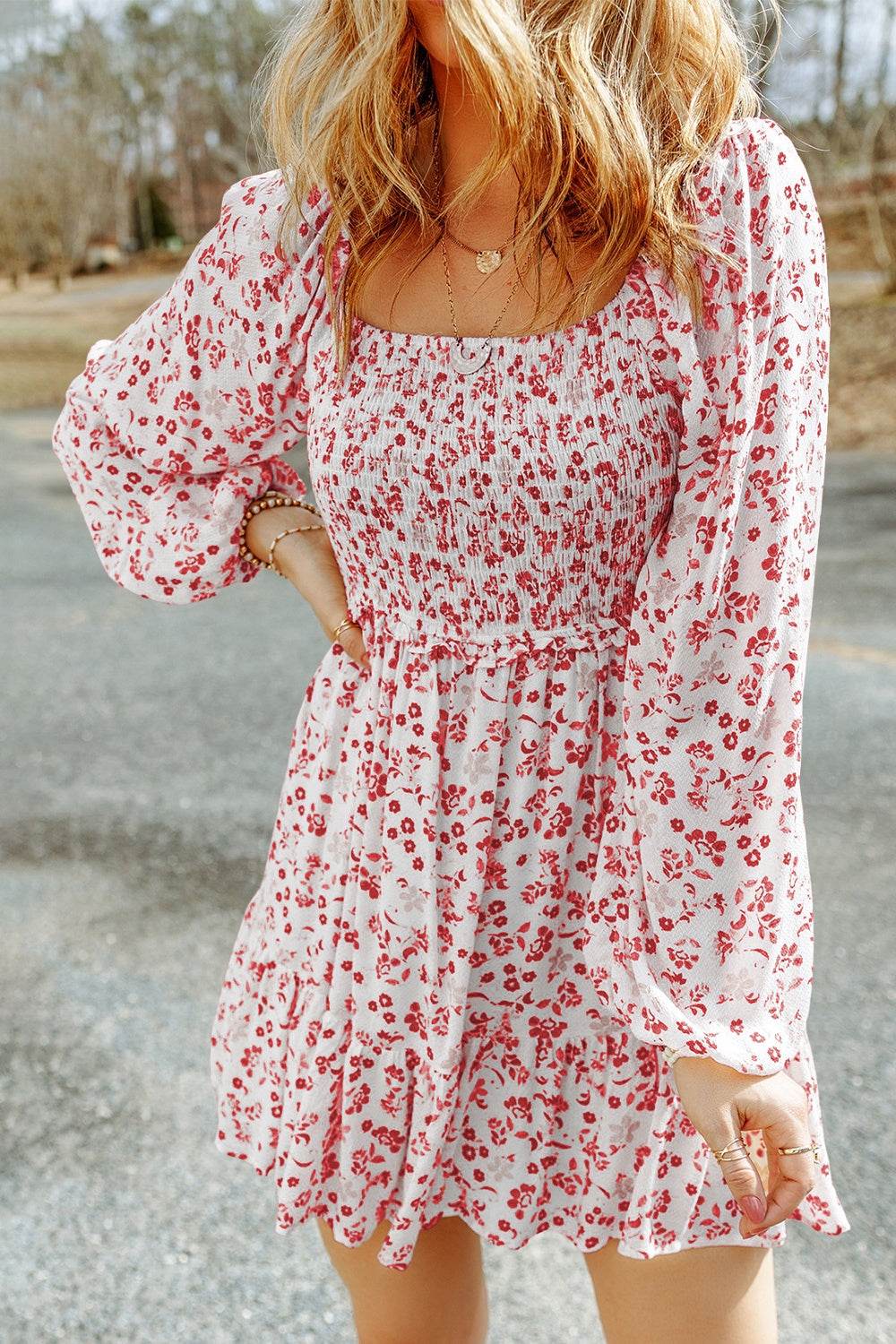 Smocked Floral Square Neck Balloon Sleeve Dress - Selvanelle