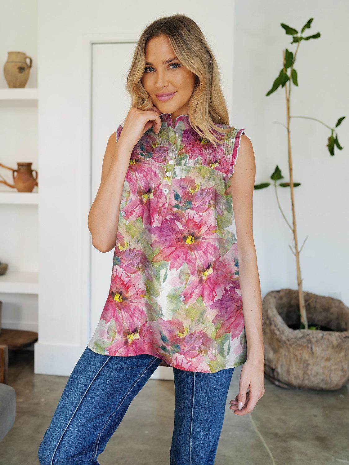 FAM-FAM Frill Printed Mock Neck Top for Stylish Outfits - Selvanelle