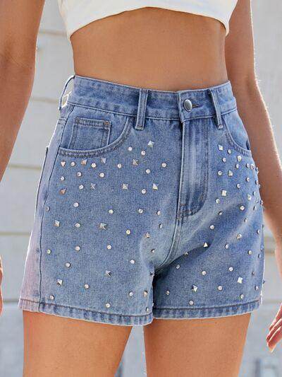 Rhinestone Washed High Waist Denim Shorts for Women - Selvanelle