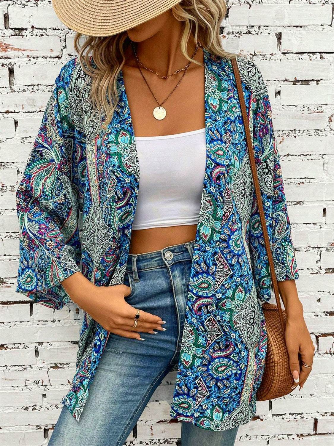 Printed Open Front Three-Quarter Sleeve Cover Up - Selvanelle