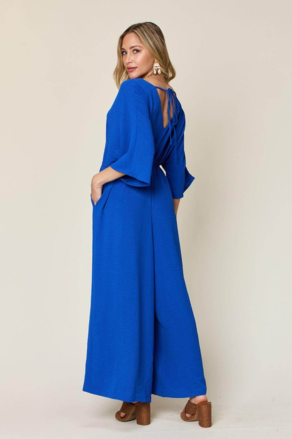 Double Take Full Size Surplice Wide Leg Jumpsuit with Pockets - Selvanelle