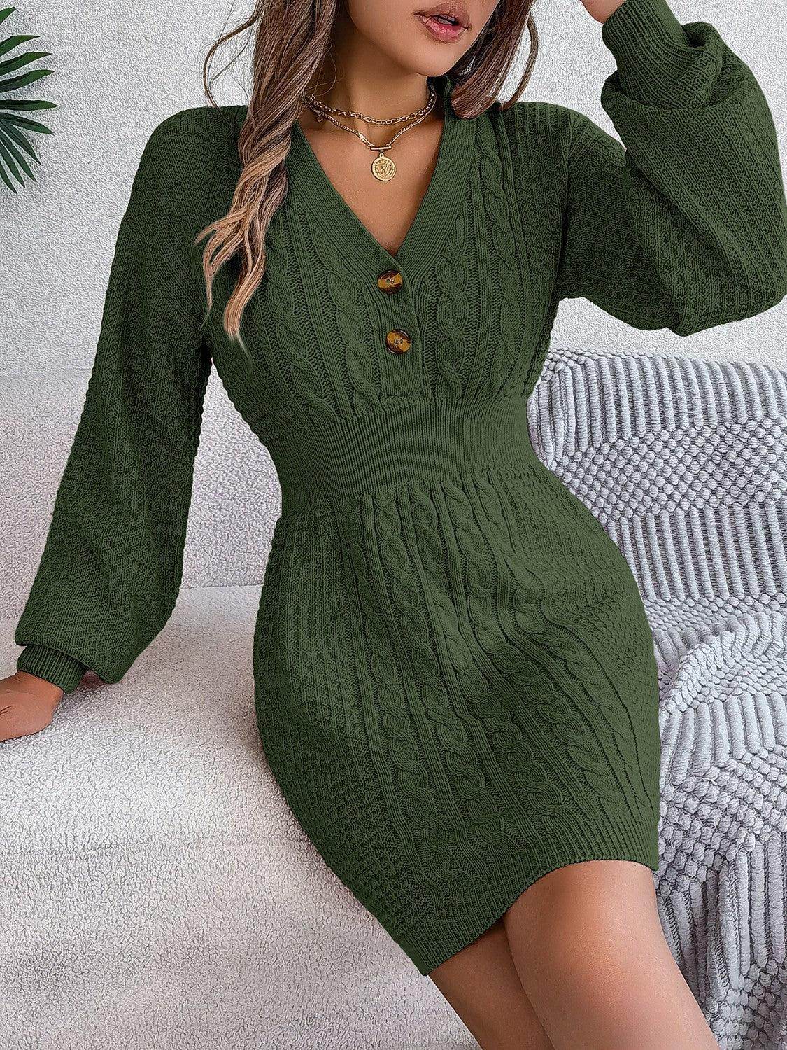 Buttoned Cable-Knit V-Neck Sweater Dress for Women - Selvanelle