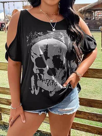 Plus Size Skeleton Graphic Round Neck Cold Shoulder T-Shirt - Selvanelle