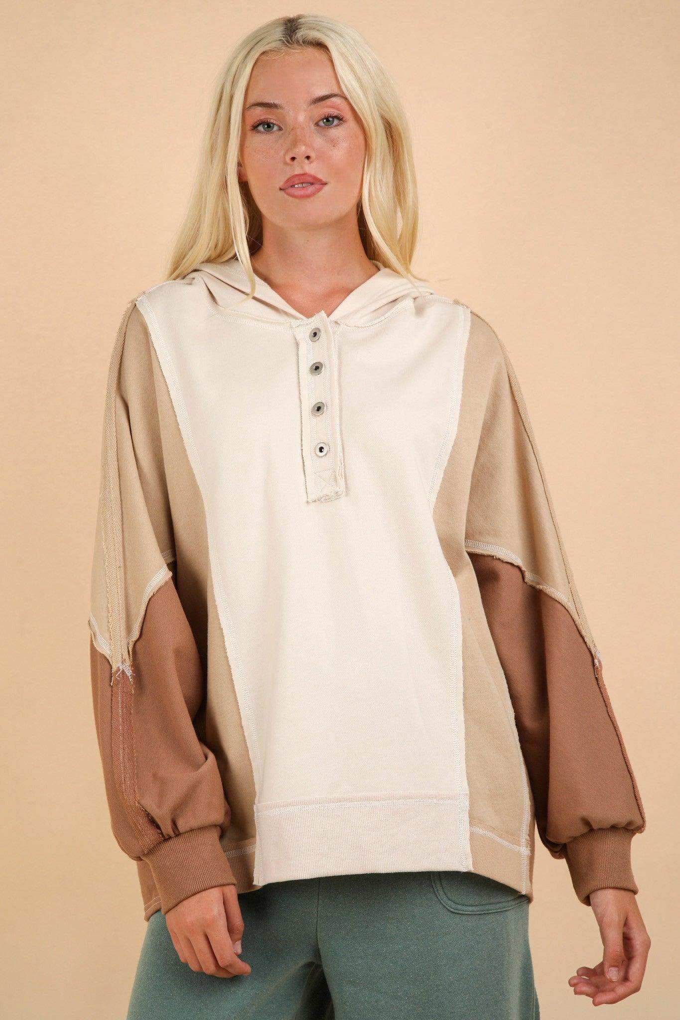 Very J Exposed Seam Color Block Half Button Hoodie - Selvanelle