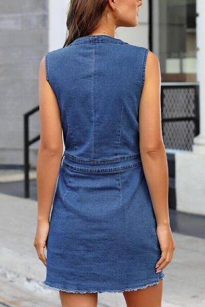Full Size Button Up V-Neck Sleeveless Denim Dress for Women - Selvanelle