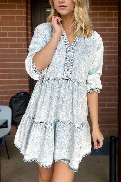 V-Neck Half Sleeve Mini Denim Dress for Casual Style - Selvanelle