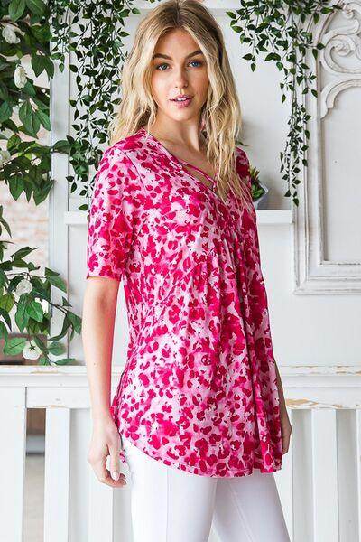 Heimish Full Size Short Sleeve Crisscross Animal Babydoll Top Plus Size - Selvanelle