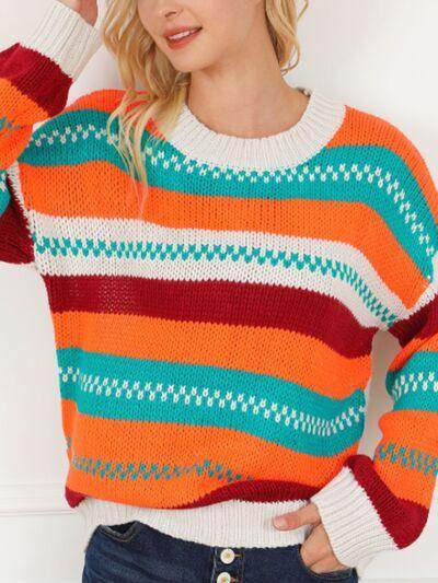 Contrast Striped Round Neck Long Sleeve Sweater for Women - Selvanelle