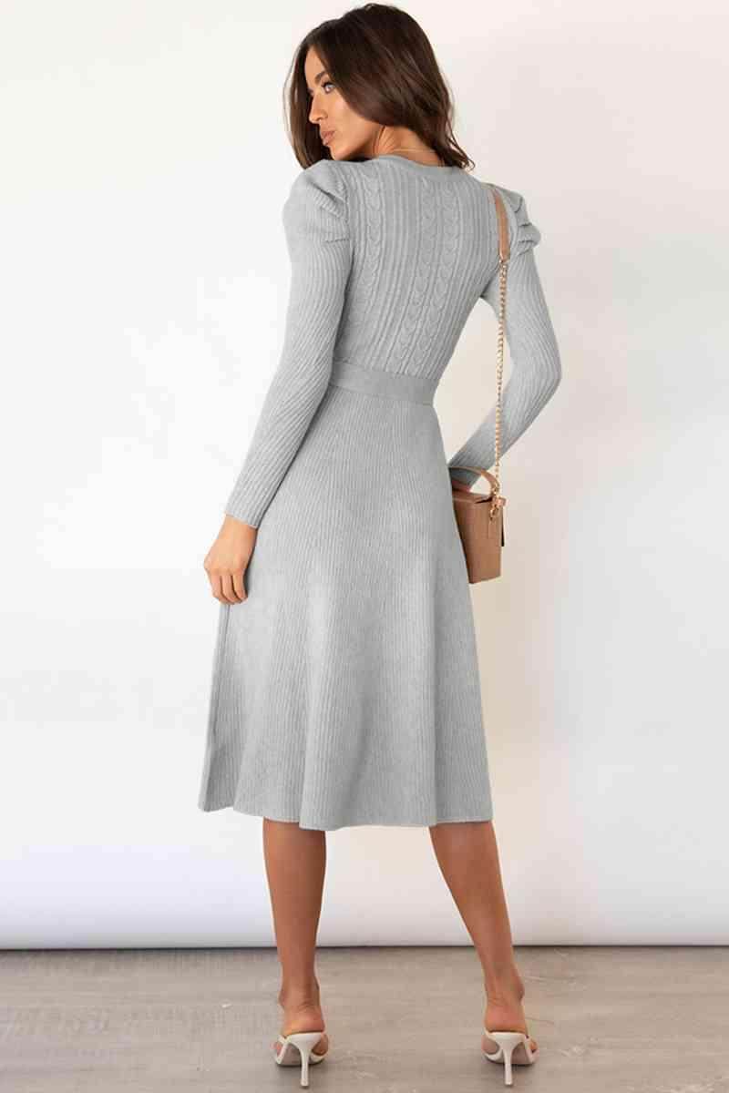 Round Neck Long Sleeve Tie Waist Sweater Dress for Women - Selvanelle