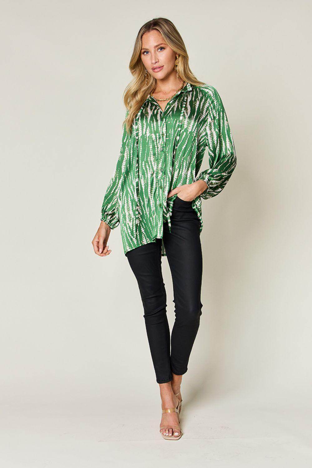 Double Take Full Size Printed Button Up Long Sleeve Shirt - Selvanelle