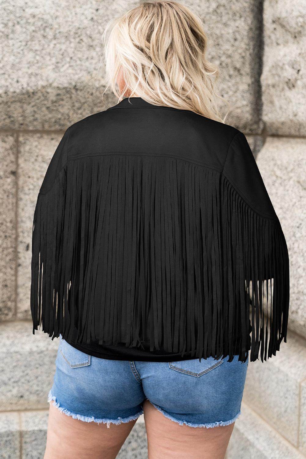 Plus Size Fringe Open Front Jacket for Stylish Layering - Selvanelle