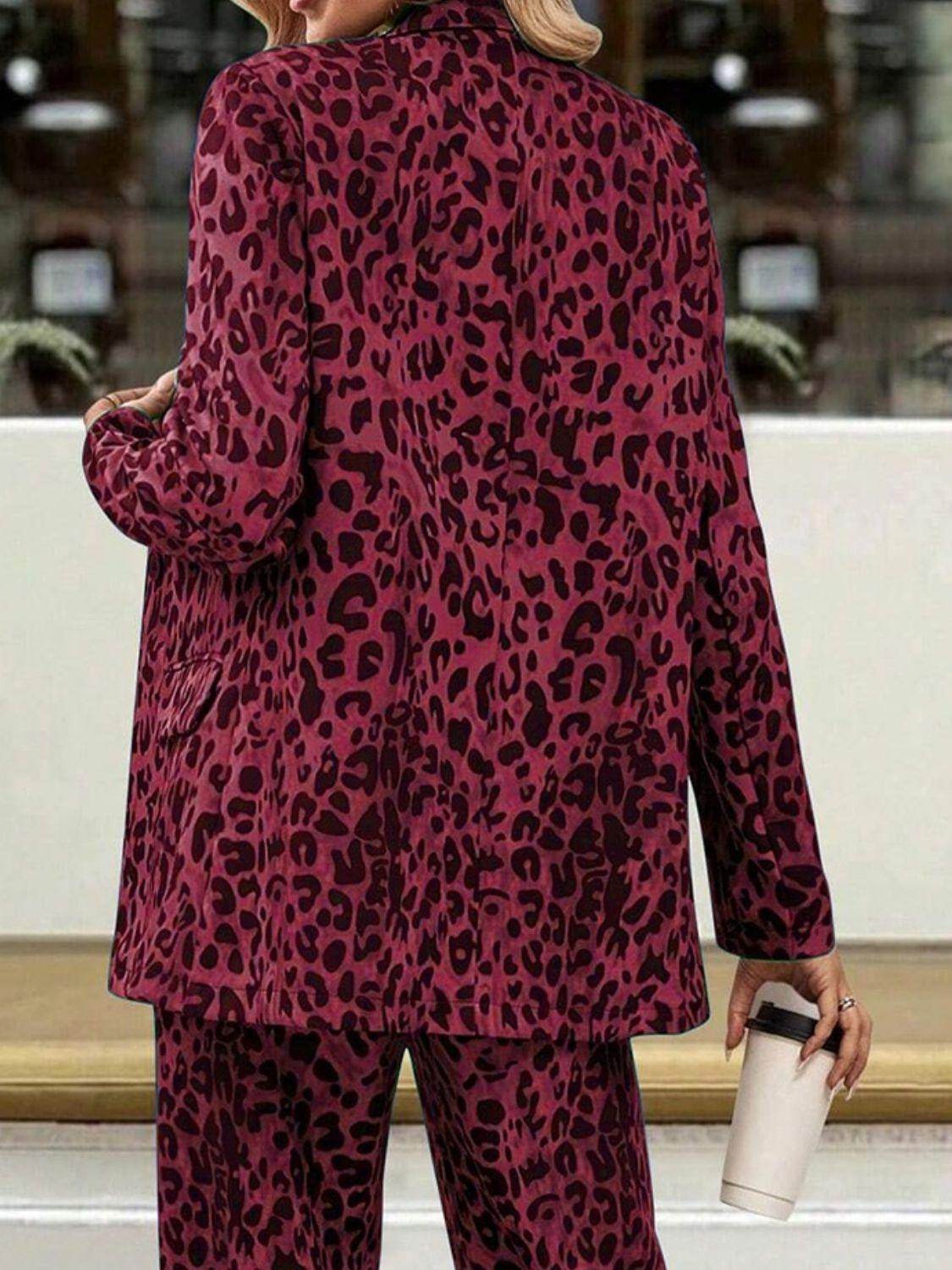 Full Size Leopard Lapel Collar Blazer and Pants Set - Selvanelle