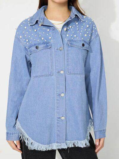 Raw Hem Pearl Trim Collared Neck Denim Top for Women - Selvanelle