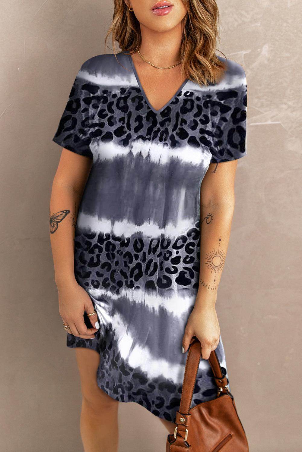 Leopard Color Block V-Neck Short Sleeve Dress for Women - Selvanelle