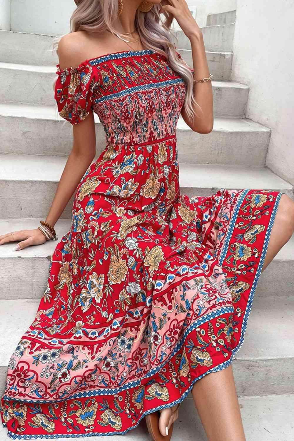 Perfee Floral Off-Shoulder Smocked Midi Dress for Women - Selvanelle