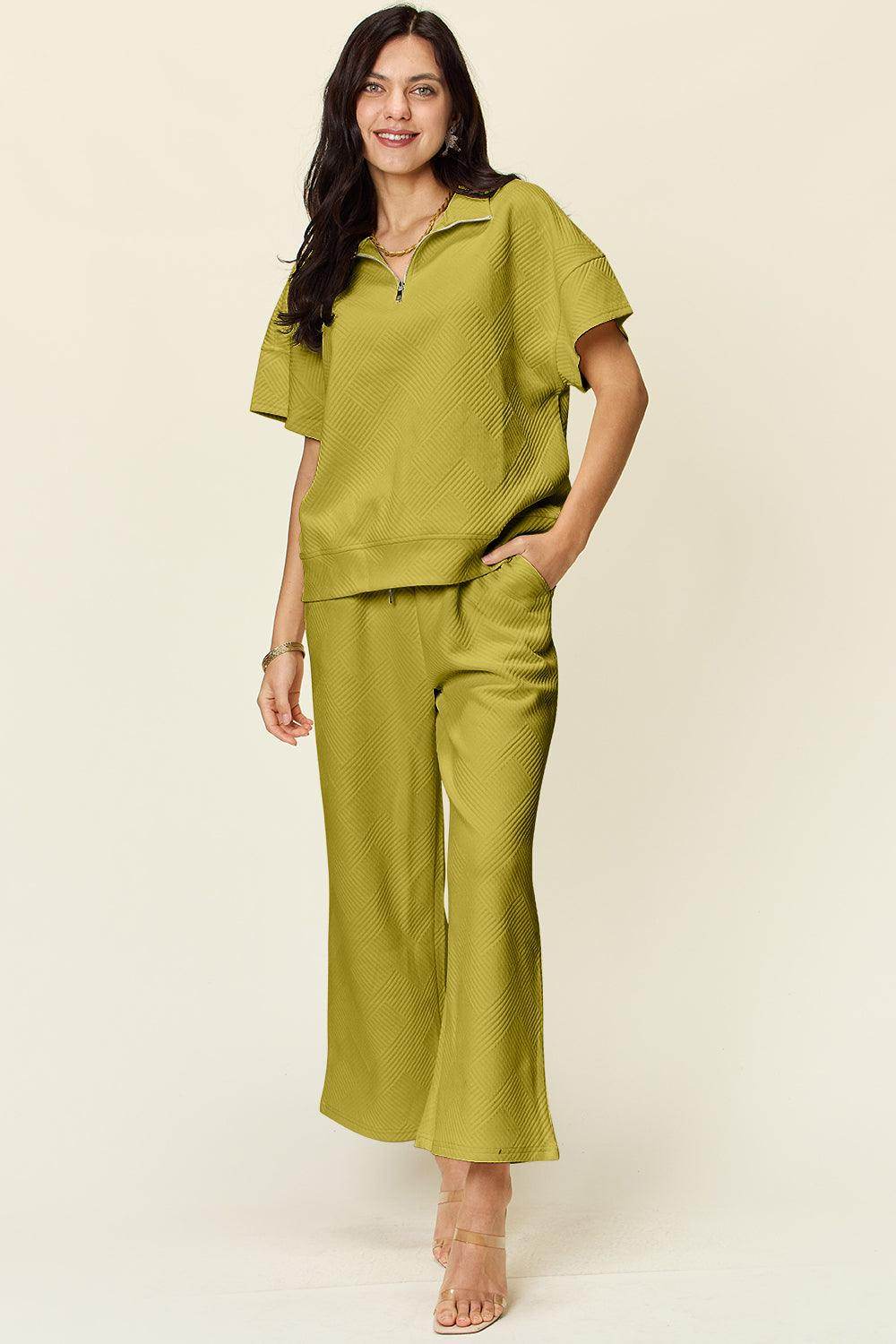 Double Take Full Size Texture Half Zip Short Sleeve Top Set - Selvanelle