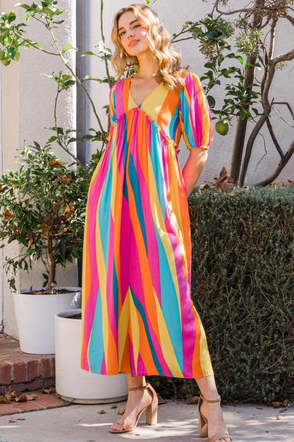 ODDI Full Size Striped Puff Sleeve Wide Leg Jumpsuit Chic - Selvanelle